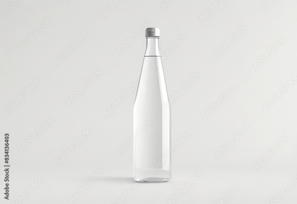 Glass bottle of water with empty, blank label area for brand logo. Isolated on gray background. Concept of mockup mock-up shablon template advertising montage. Copy space for text Glass bottle of water with empty, blank label area for brand logo. Isolated on gray background. Concept of mockup mock-up shablon template advertising montage. Copy space for text