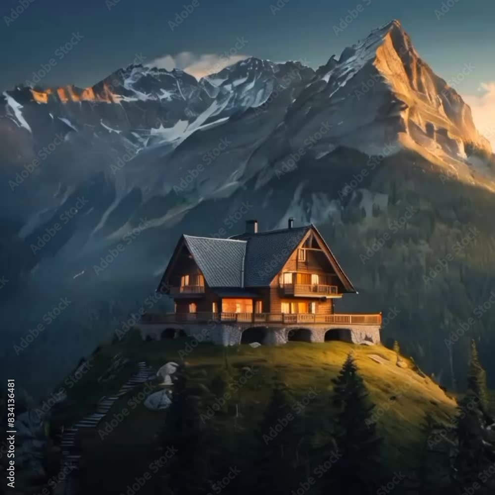 house at the top of the mountain.Seamless 4k time lapse virtual video animation background house at the top of the mountain.Seamless 4k time lapse virtual video animation background