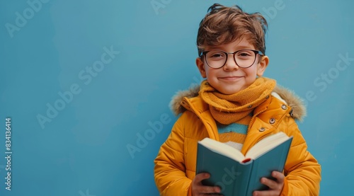 Young Boy Wearing Glasses Holds Open Book Against Blue Wall