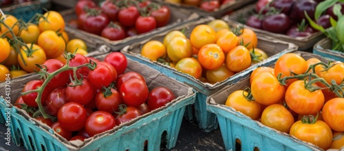 Ripe tomatoes in baskets at a farmers market