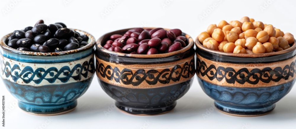 Three ceramic bowls of beans Three ceramic bowls of beans