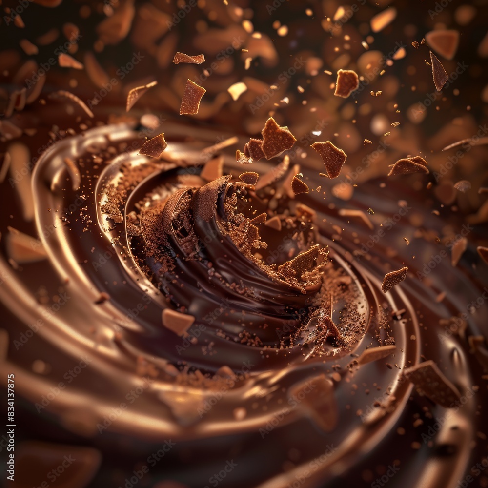 Chocolate flakes in macro vision flying through a spiral shape, gold light shines the scene. Chocolate flakes in macro vision flying through a spiral shape, gold light shines the scene.