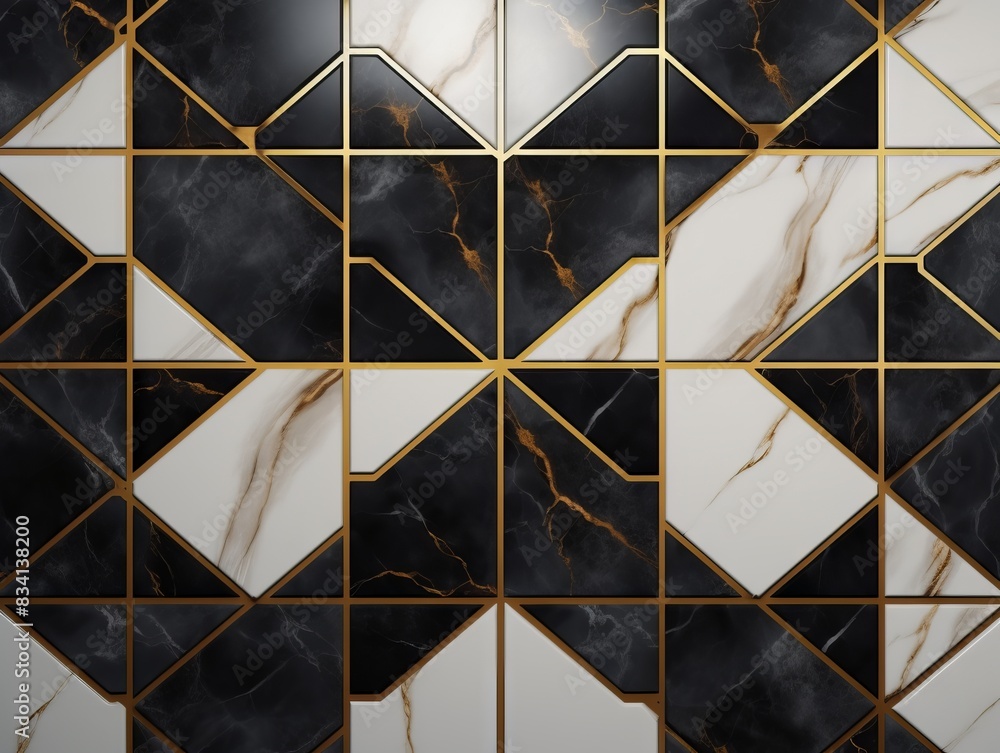 custom made wallpaper toronto digitalA luxurious black and white marble tile wall with gold trim.
