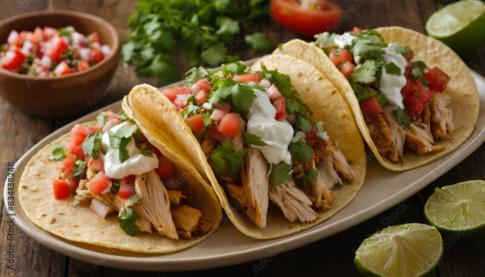 chicken tacos with cillantro, pico de gallo, and sour cream. chicken tacos with cillantro, pico de gallo, and sour cream.