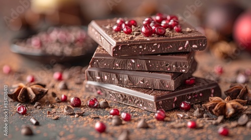 The tasty chocolate on the red background is a delicious Christmas dessert