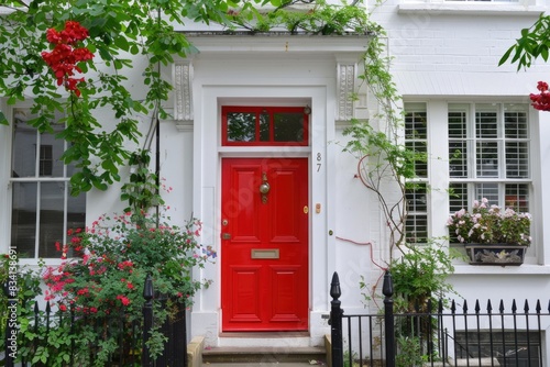 House Red Door. Victorian Architecture with Iconic Red Door in London's Notting Hill Neighborhood photo