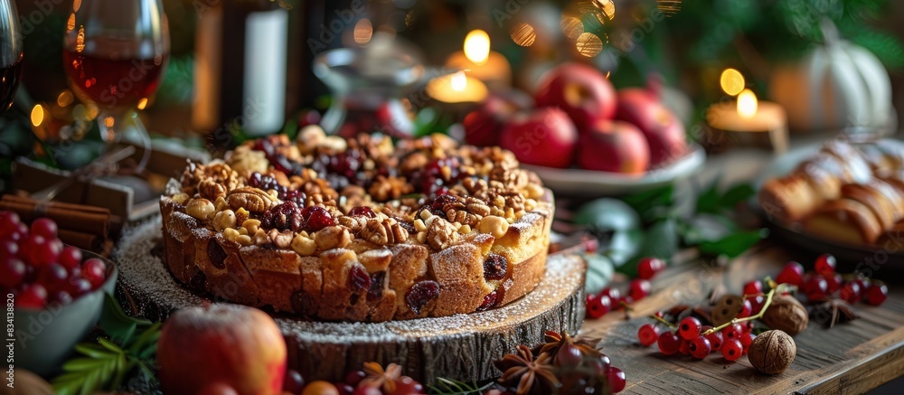Festive cranberry cake on wooden table Festive cranberry cake on wooden table