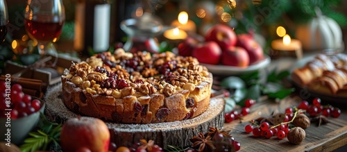 Festive cranberry cake on wooden table