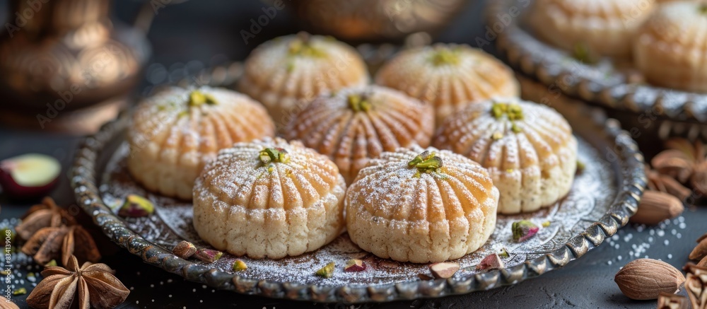 Eid semolina maamoul cookies on a silver platter Eid semolina maamoul cookies on a silver platter