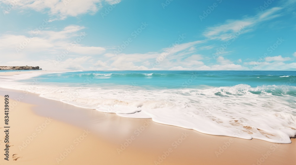 Breathtaking view of a tranquil beach with waves gently caressing the sandy shore under a clear blue sky Breathtaking view of a tranquil beach with waves gently caressing the sandy shore under a clear blue sky