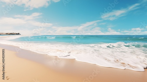Breathtaking view of a tranquil beach with waves gently caressing the sandy shore under a clear blue sky