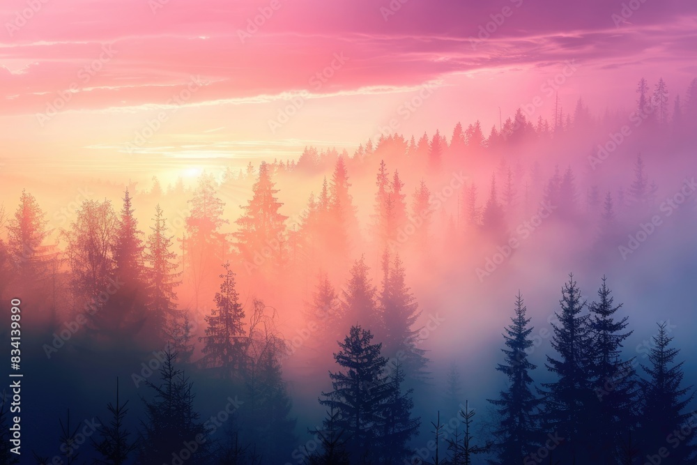 Pine Trees Sunset. Majestic Sky with Pink Cloud Against Silhouettes in Twilight Time Pine Trees Sunset. Majestic Sky with Pink Cloud Against Silhouettes in Twilight Time