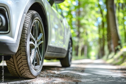 Wallpaper Mural Tire On Road. White Car Parked on Summer Road with Nature Background Torontodigital.ca