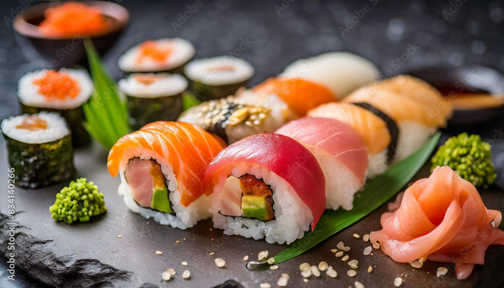 sushi illuminated by gentle backlight, showcasing its exquisite texture and vibrant colors sushi illuminated by gentle backlight, showcasing its exquisite texture and vibrant colors