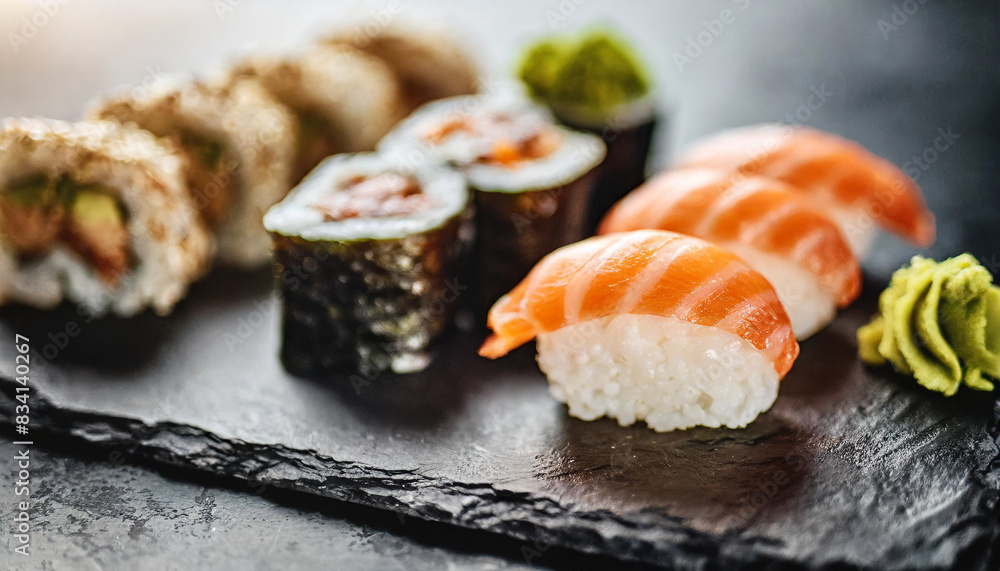 sushi illuminated by gentle backlight, showcasing its exquisite texture and vibrant colors sushi illuminated by gentle backlight, showcasing its exquisite texture and vibrant colors