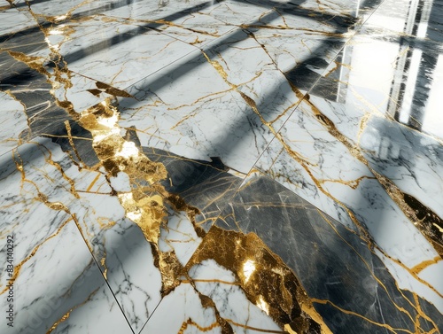 A close up polished marble floor with elegant gold inlays.