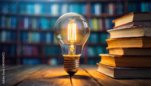 Illuminated light bulb shines amidst blurred book stacks, symbolizing knowledge, creativity, and inspiration in education and innovation photo