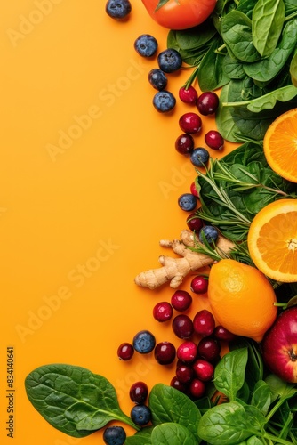 Top photo of fresh and healthy food. Isolated on Solid Orange Background Copy Space