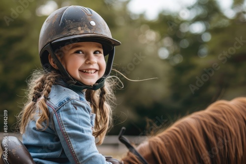Kid Horseback Riding. Smiling Little Girl Learns Equestrian Lifestyle with Happy Smile