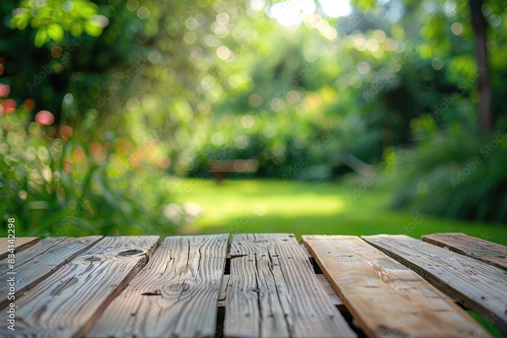 Patio Table. Beautiful Wooden Table Against Green Backyard Blur Background Patio Table. Beautiful Wooden Table Against Green Backyard Blur Background