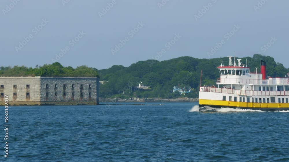 A long shot view of a passenger ferry boat taking tourists to and from the Calendar Islands near Portland, Maine on the Fore River on a sunny summer day. Fort Gorges in the background. Shot at 48fps. A long shot view of a passenger ferry boat taking tourists to and from the Calendar Islands near Portland, Maine on the Fore River on a sunny summer day. Fort Gorges in the background. Shot at 48fps.