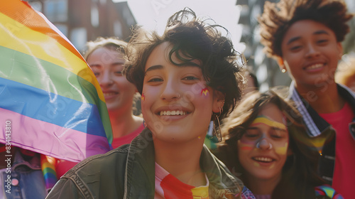 Portrait, diversity and rainbow flag for lgbtq community, freedom and smile for parade, support or solidarity. Friends, group or young people with non-binary, gay and lesbian with happiness and queer
