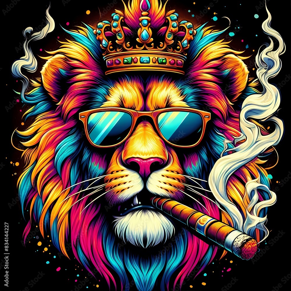 Obraz premium Regal Cool Lion: Crowned Beast with Sunglasses and Cigar