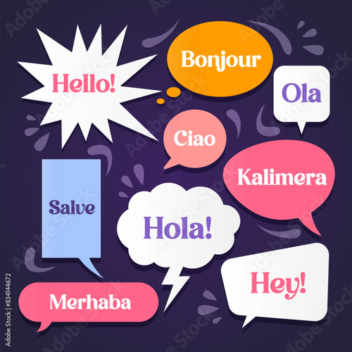 Different shapes of speech bubbles stickers with greetings words in different languages.
