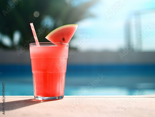 A Glass of watermelon juice with slice of watermelon  Refreshing and healthy watermelon  juice ice in a glass with summer background  watermelon juice photo