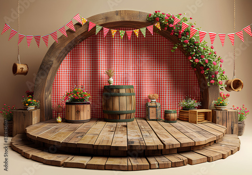 Palco 3d realista com bandeirinha para expor produtos de festa junina