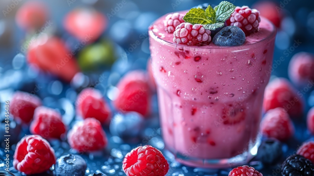 In this colorful background, there are berries floating around in a tasty smoothie In this colorful background, there are berries floating around in a tasty smoothie