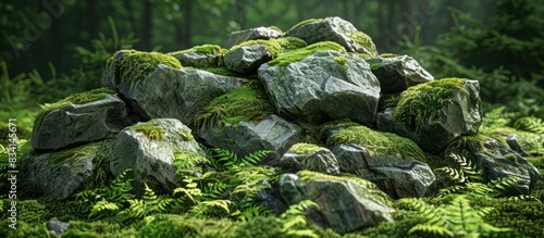 Mossy rocks in a forest clearing