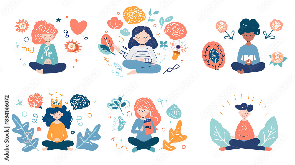 Positive psychology for happy attitude or behavior tiny person collection set. Labeled elements with meditation, brain emotions, support group and gratitude journaling for harmony vector illustration Positive psychology for happy attitude or behavior tiny person collection set. Labeled elements with meditation, brain emotions, support group and gratitude journaling for harmony vector illustration