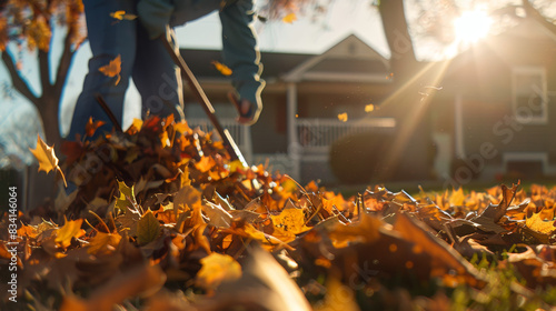 Close up of a person raking a pile of autumn leaves in their front yard, in the style of photo realistic