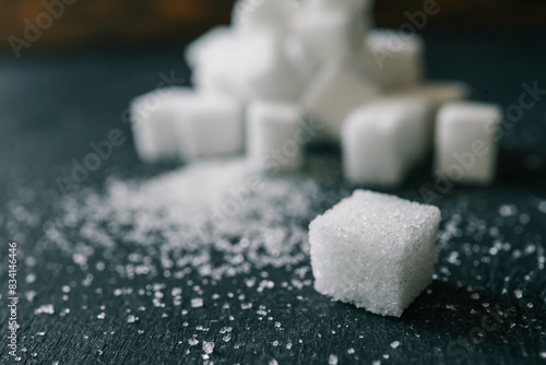 White crystal sugar cubes on black background