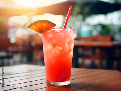 A Glass of watermelon juice with slice of watermelon  Refreshing and healthy watermelon  juice ice in a glass with summer background  watermelon juice photo