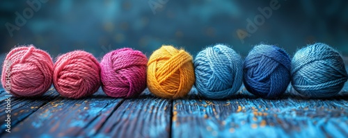 Row of colorful yarn balls on blue wood