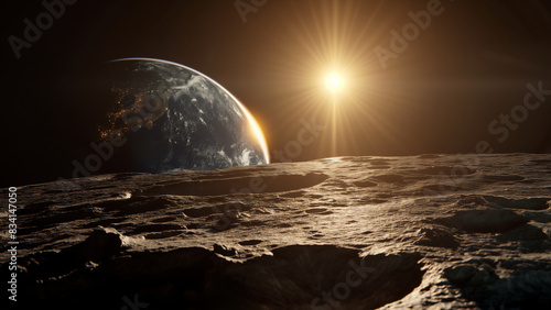 Fotografía View of the Earth from the surface of the moon with the sun