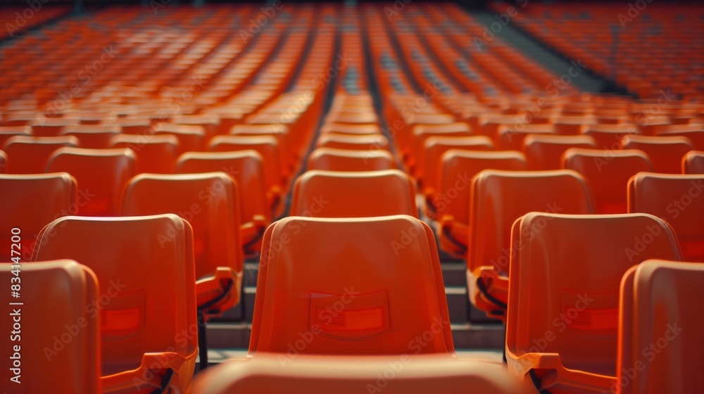 Seats of orange tribune on sport stadium. empty outdoor arena. concept of fans. chairs for audience. cultural environment concept. color and symmetry. empty seats. modern stadium Seats of orange tribune on sport stadium. empty outdoor arena. concept of fans. chairs for audience. cultural environment concept. color and symmetry. empty seats. modern stadium