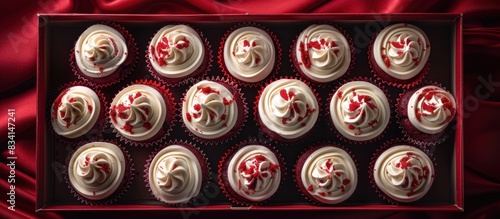 red velvet cupcakes, each topped with white frosting and red sprinkles. The cupcakes are arranged in a neat, flat lay pattern, showcasing their vibrant colors and delicate details.