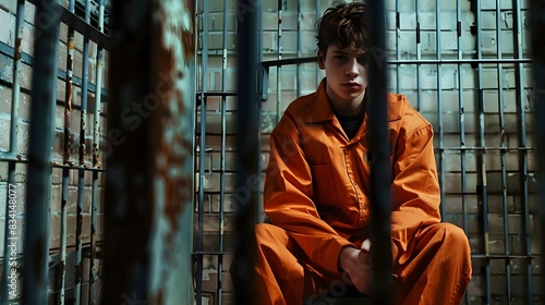 Teenage Male Prisoner In Orange Jumpsuit Locked Up Behind Bars (Generative AI)