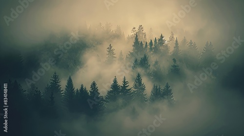 Realistic misty landscape with fir forest, generative AI. photo