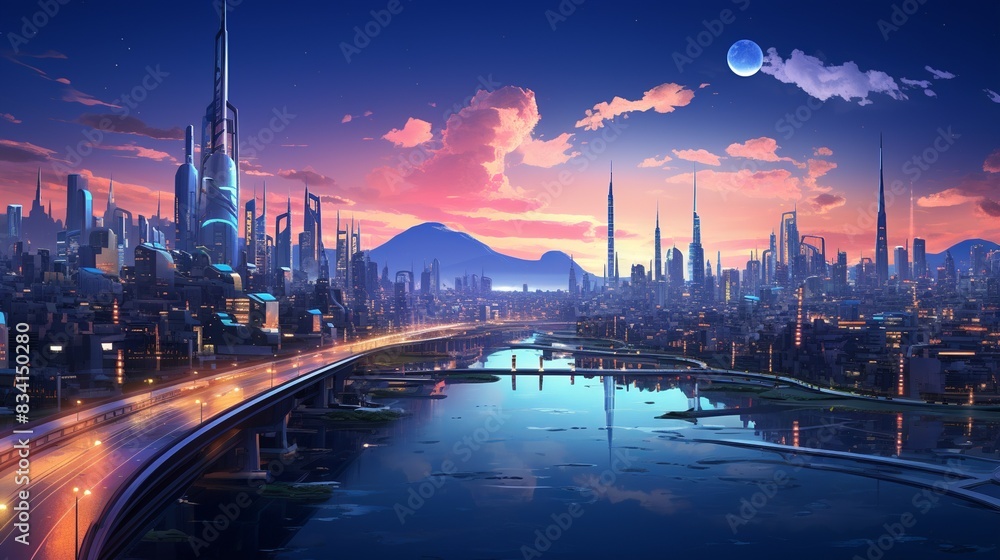 A futuristic cityscape with sleek skyscrapers and flying vehicles - 