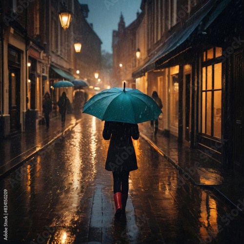 A girl under an umbrella on a European street. ©  Photinia Art