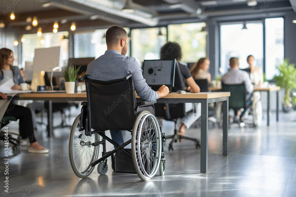 Disabled person in wheelchair working in office
Disabled person in wheelchair working in office