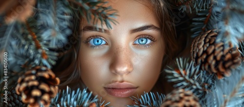 Blue-eyed beauty amongst pine branches
