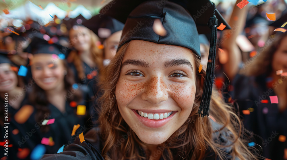 Excited graduates throw their caps in the air as they celebrate with diplomas after a long journey Excited graduates throw their caps in the air as they celebrate with diplomas after a long journey