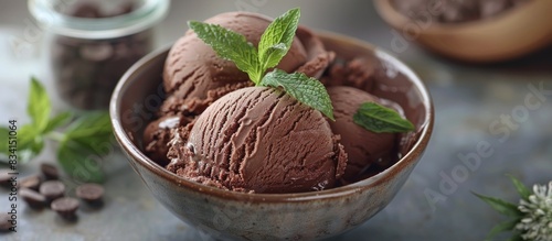 Chocolate ice cream with mint garnish photo