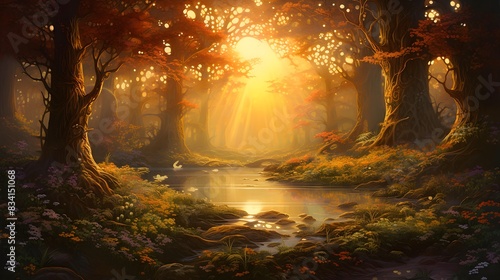 Fantasy forest landscape with pond and trees at sunset - 3D illustration