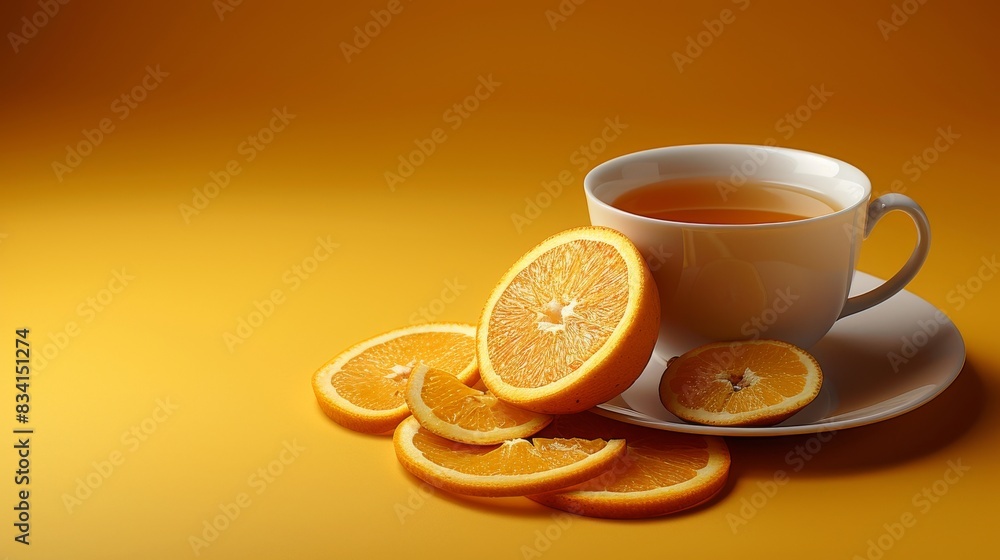 A cup of tea and teapot with orange slices against a yellow background A cup of tea and teapot with orange slices against a yellow background